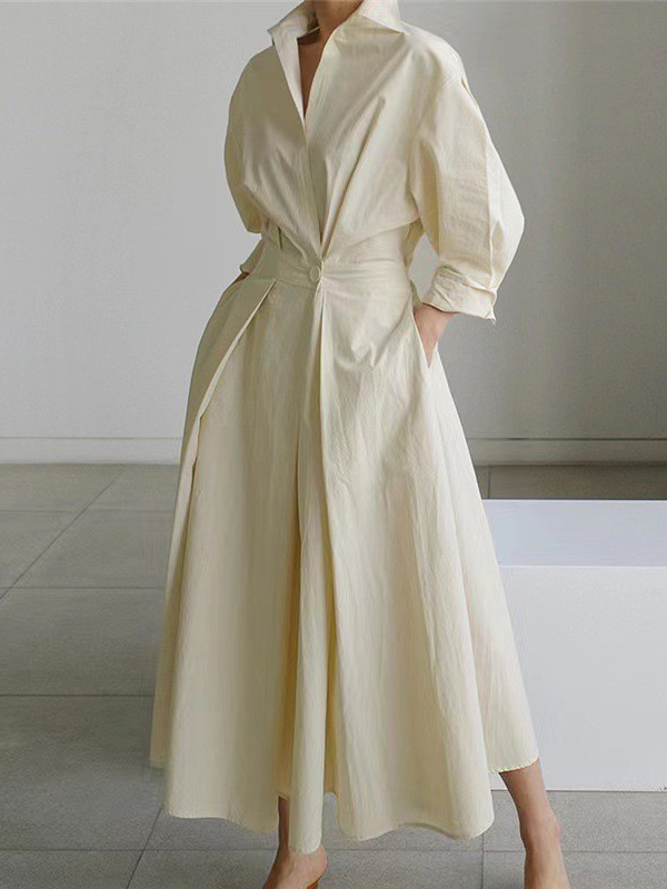 Long Sleeve Side Pockets A-Line Shirt Maxi Dress