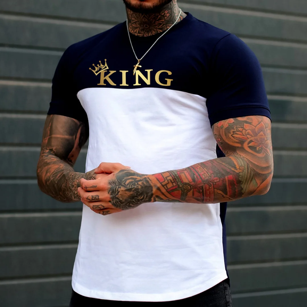 Men's Fashion Live Like A King Print Color Matching Casual Slim Fit Short Sleeve T-Shirt