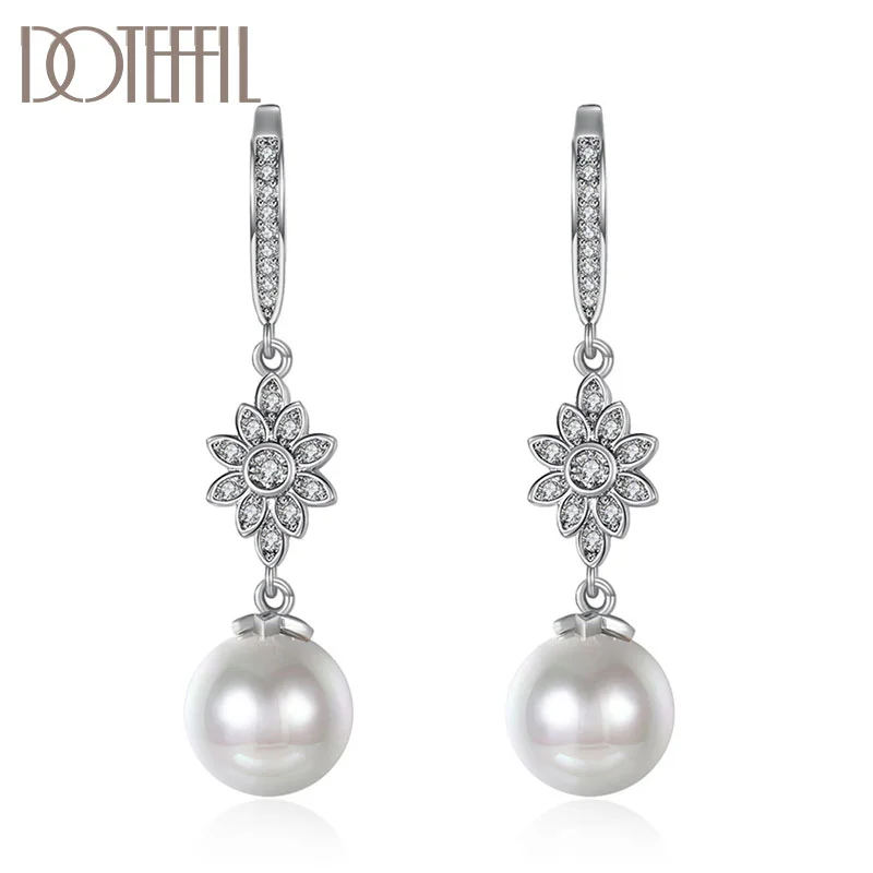 DOTEFFIL 925 Sterling Silver/18K Gold Sun Flower AAA Zircon Pearl Earrings For Women Jewelry 
