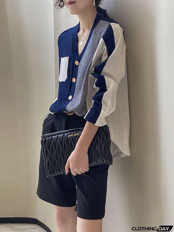 Urban Long Sleeves Contrast Color Split-Joint V-Neck Cardigan Tops