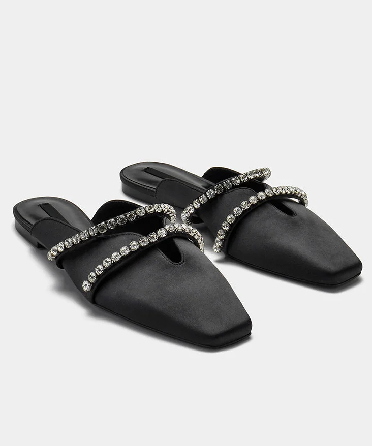 French Zircon Splicing Black Satin Slide Sandals