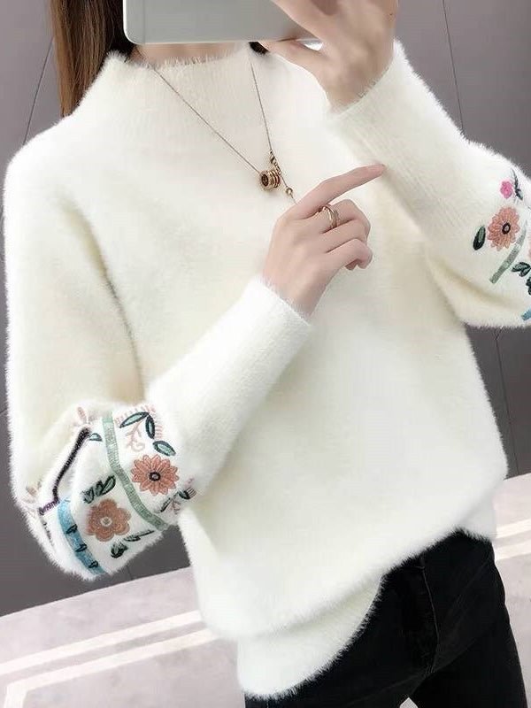 Women Long Sleeve Stand-up Collar Printed Knit Women Sweaters