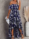 Vacation High-Low Floral Printed Falbala Off-The-Shoulder Midi Dress