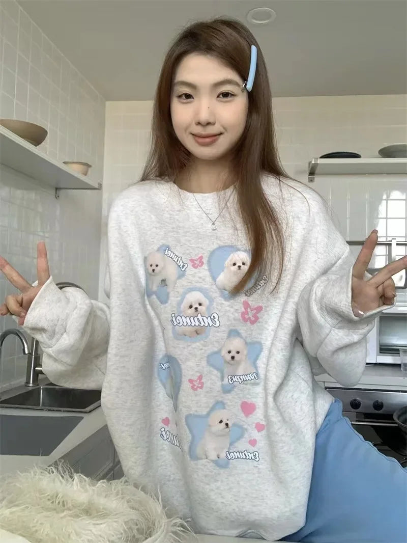 OLCooL 2024 Fall Fashion Kawaii Dog Print Oversized Hoodie Women Cartoon Long Sleeve Sweatshirt Japan Style Harajuku Loose Gray Cutecore Clothes olcool