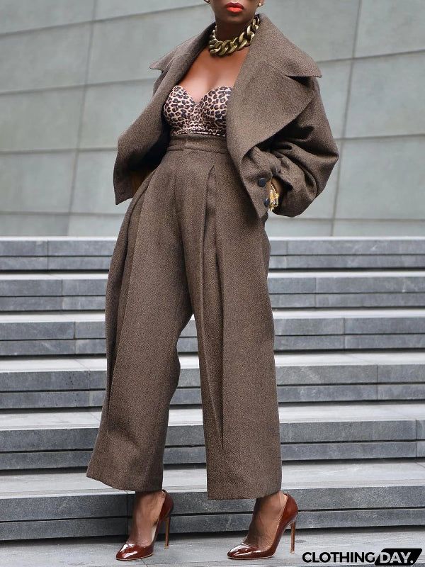 Long Sleeves Pleated Solid Color Notched Collar Outerwear Top + Pants Bottom Two Pieces Set