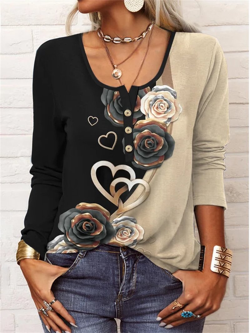 Flower U-neck Button T-shirt For Women