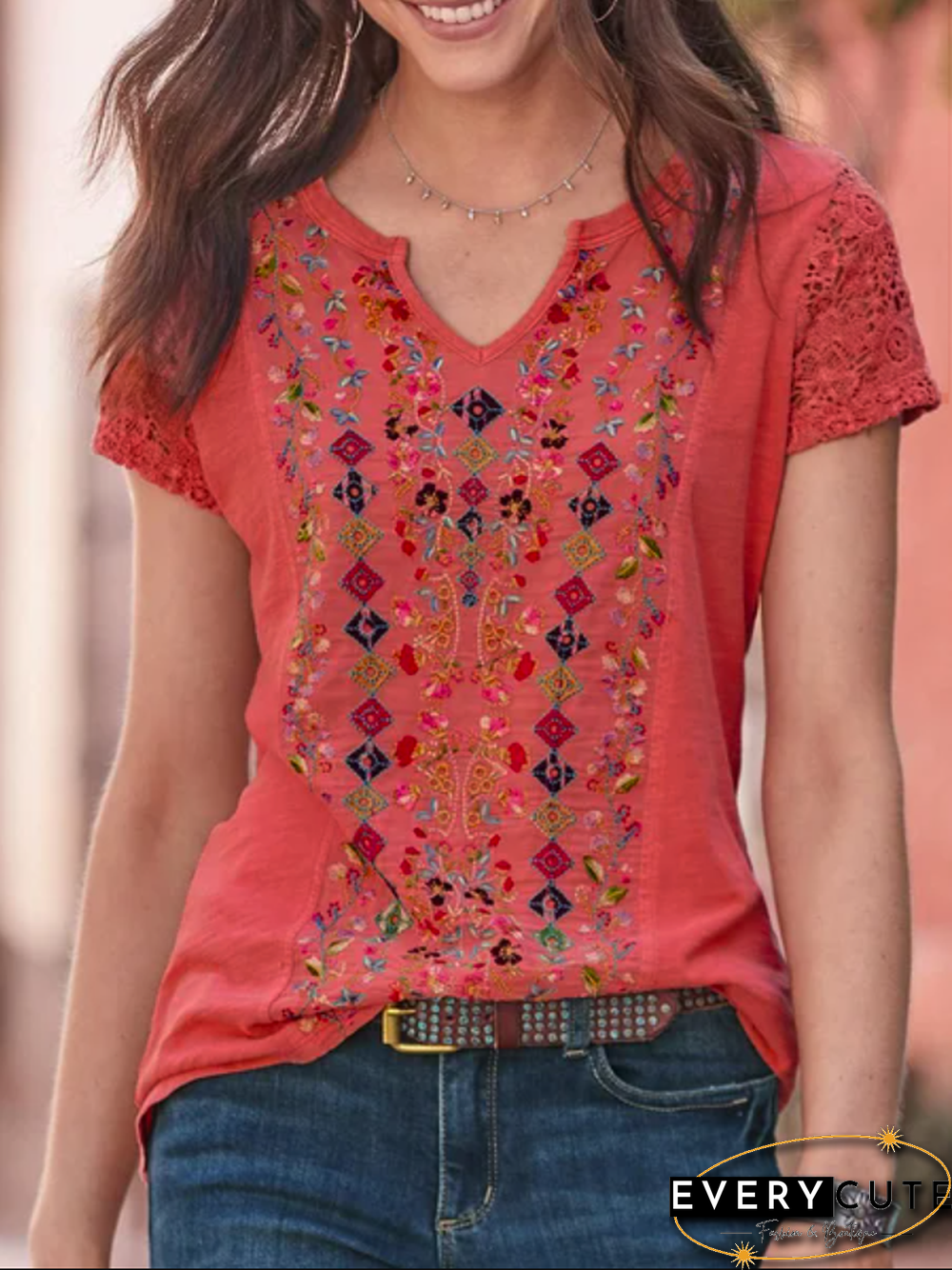 Women Vintage Boho Plain Crew Neck T-shirt