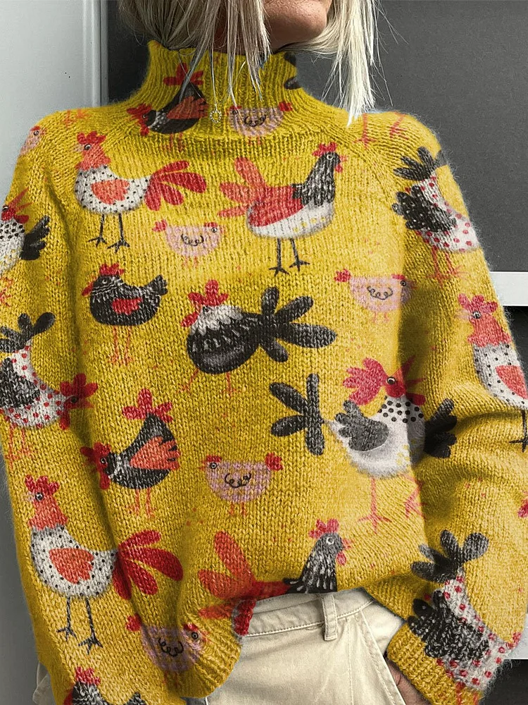 Bright Plush Rooster Art Print Knit Turtleneck Pullover Sweater