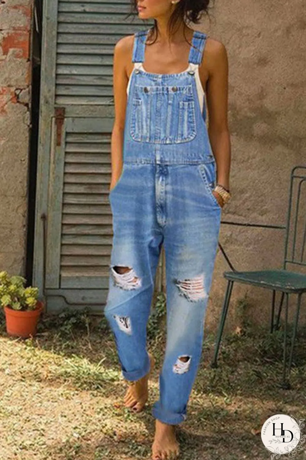 Denim Distressed Plus Size Solid Overall