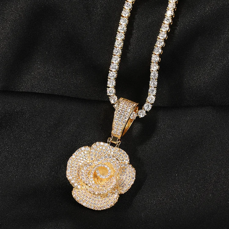 Iced Out Rose Flower Women Pendant Necklace-VESSFUL