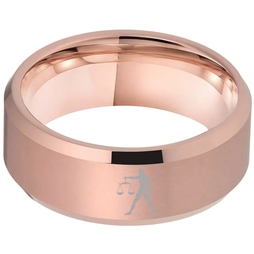 Rose Gold Libra Tungsten Carbide Rings Beveled Edges Rose Gold Laser Etched Couple Wedding Bands for Men and Women 4MM 6MM 8MM Width