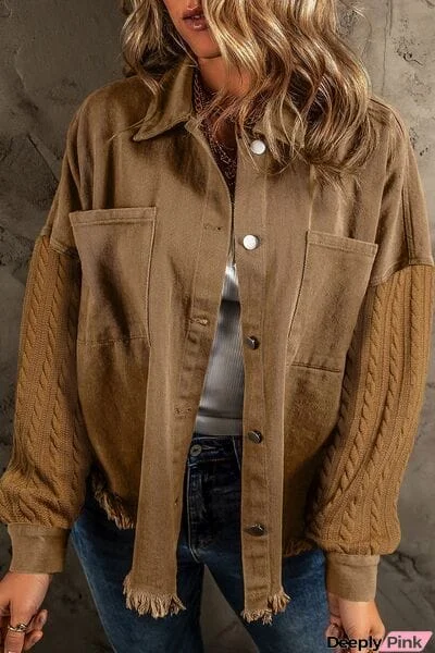 Pocketed Button Up Raw Hem Denim Jacket