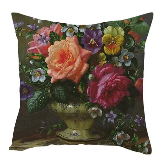 Linen Pillow Case - Vintage Oil Painting Flowers