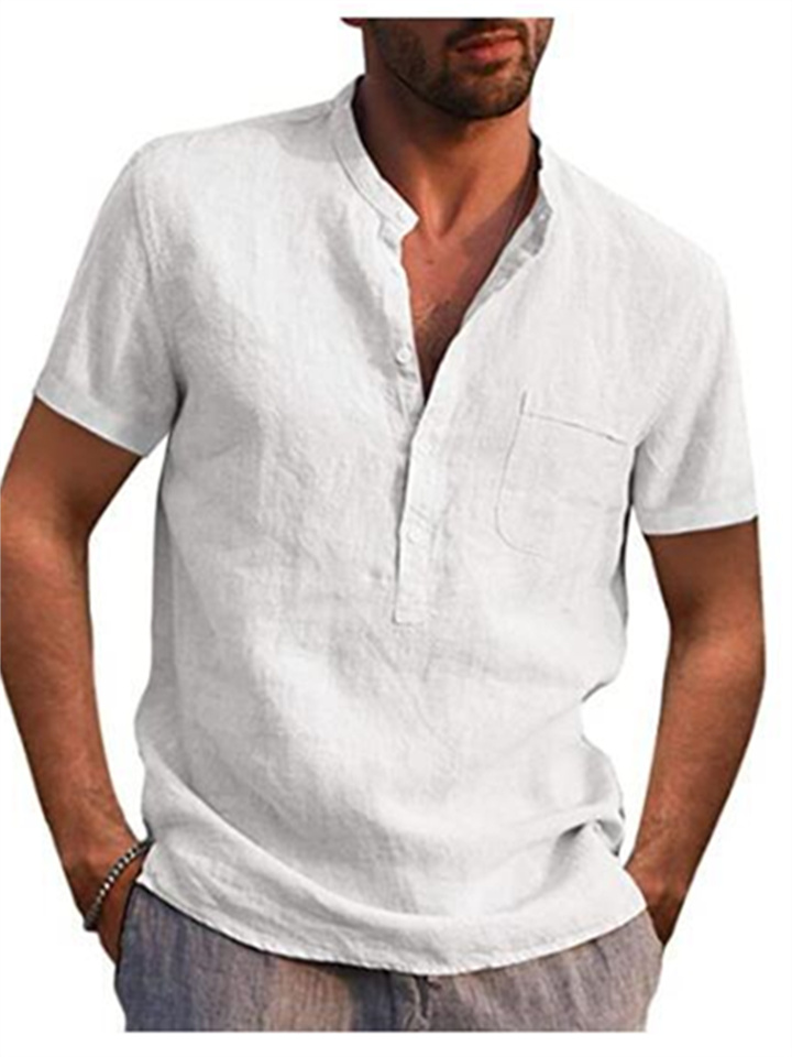 Men's Linen Shirt Summer Shirt Beach Shirt White Blue Khaki Short Sleeve Plain Standing Collar Spring & Summer Hawaiian Holiday Clothing Apparel Basic