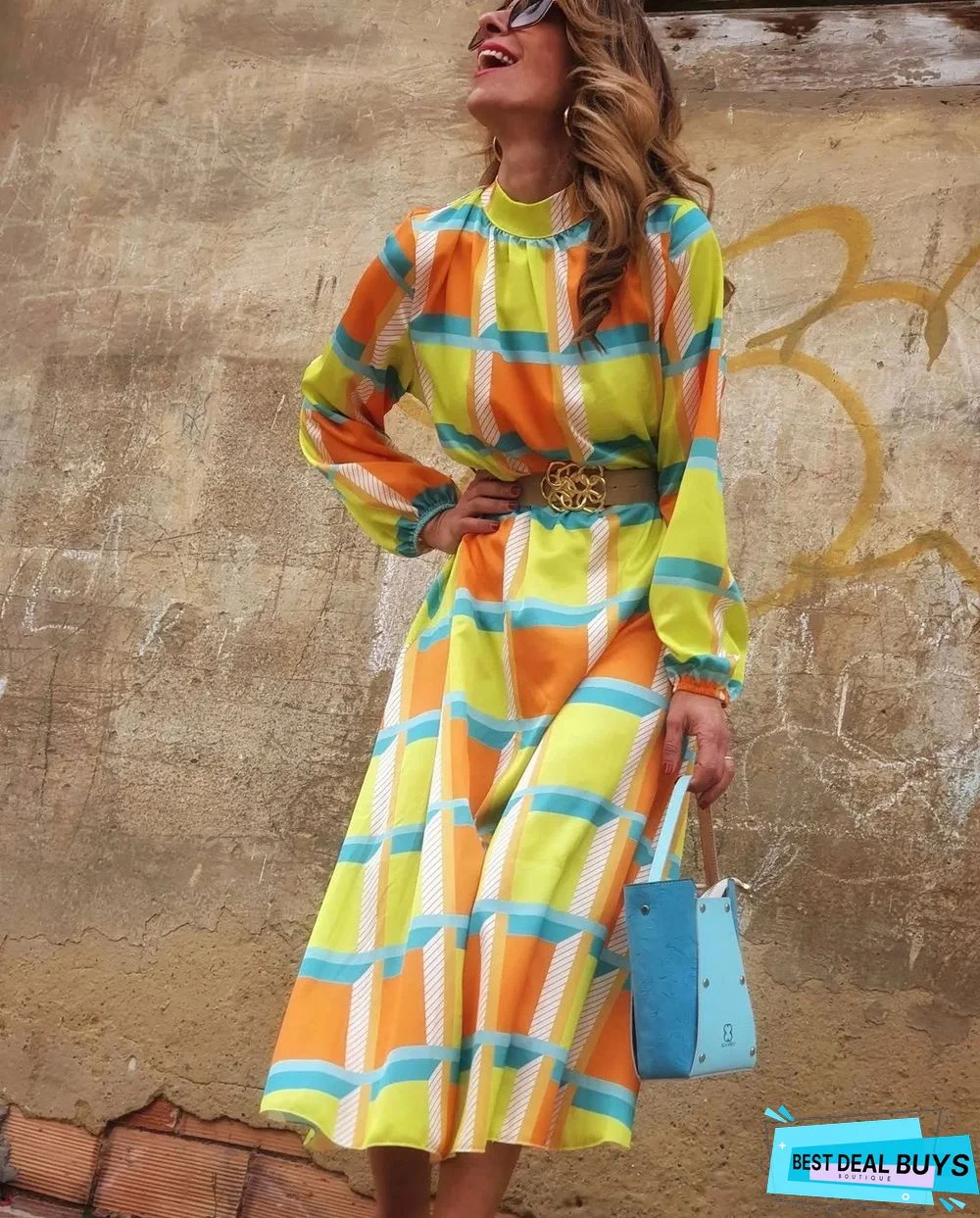 Sleeve Print Waist A-Shaped Dress Plus Size Ladies Dress