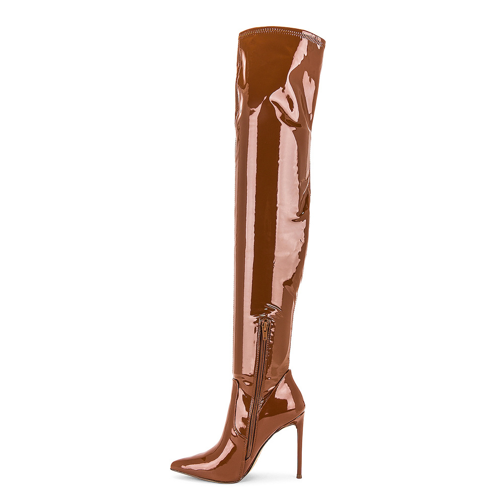 Women‘s Winter New Solid Color Sexy Fashion Over Knee Brown Over Knee Bright Leather Boots Novameme
