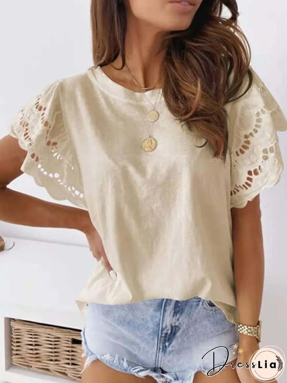 New Spring Summer T-Shirt Womens Round-neck Stitching Lace Feifei Short Sleeve Top Shirts