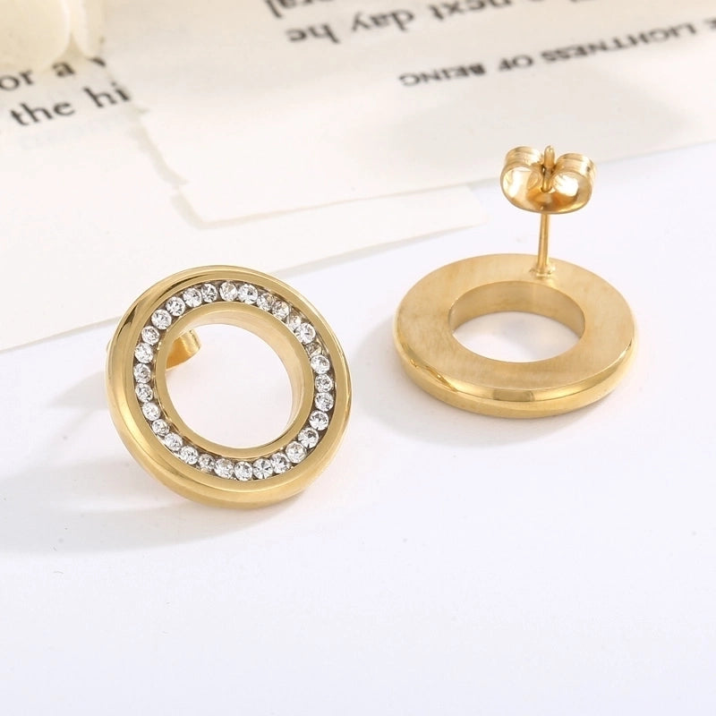 1 Pair Minimalist Round Solid Color Inlay Stainless Steel Crystal Rhinestones 18K Gold Plated Ear Studs