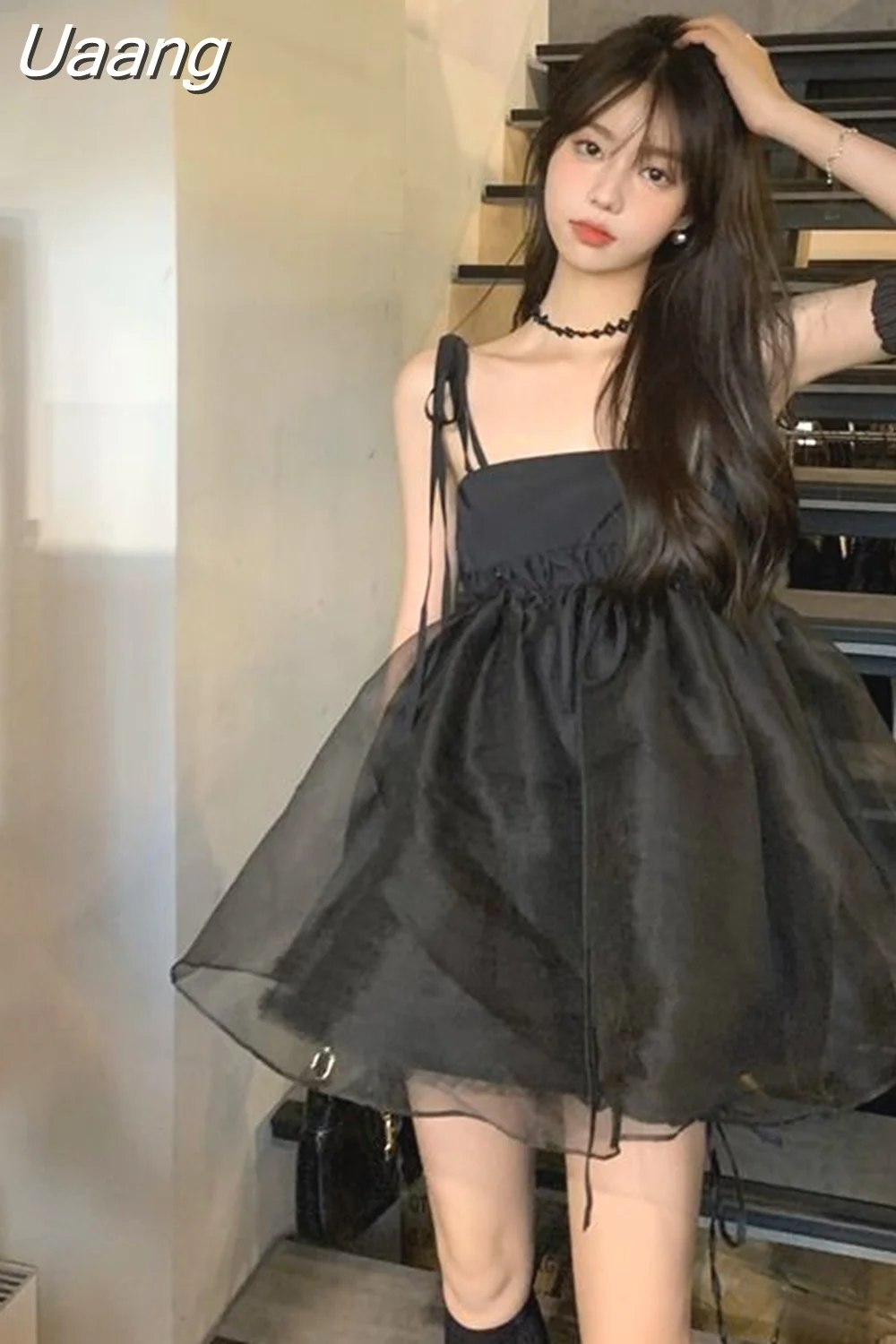 Uaang Harajuku Woman Dress Sexy Sling Robe Femme Slim Waist A-line Vintage Black Summer Dresses 2023 Vestidos De Mujer Korean