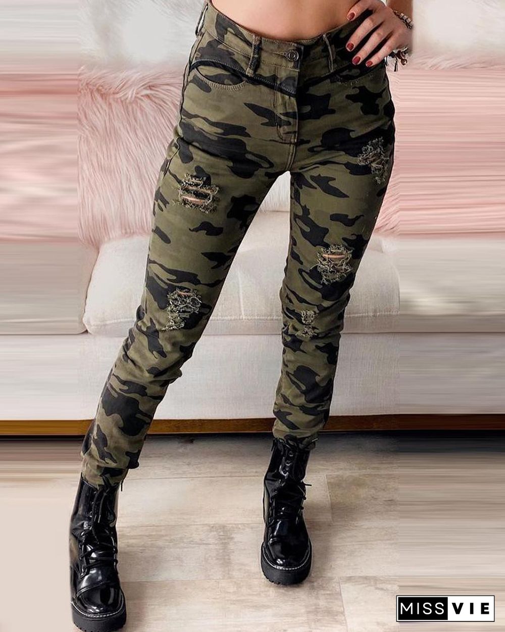 High Waist Camouflage Print Cutout Pants