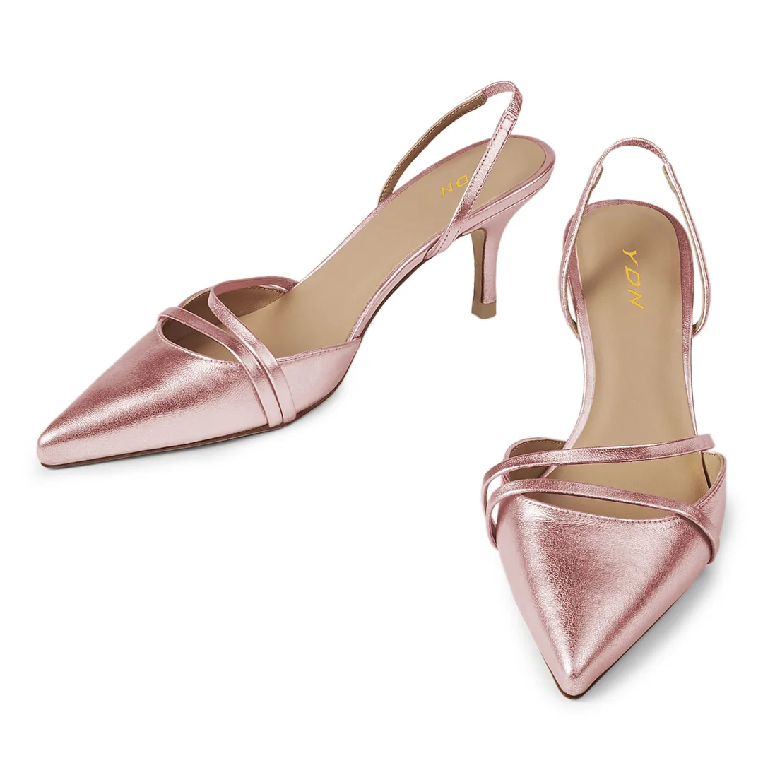 Pink Vegan Leather Pointed Metallic Finish Distressed Slingback Pumps