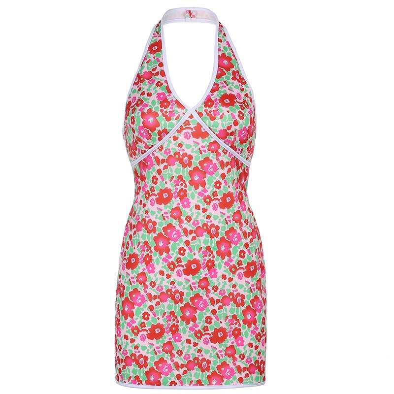 HEYounGIRL Flower Floral Print V Neck Halter Tank Dress Woman Summer Sleeveless Backless Bodycon Mini Dresses Ladies 90s