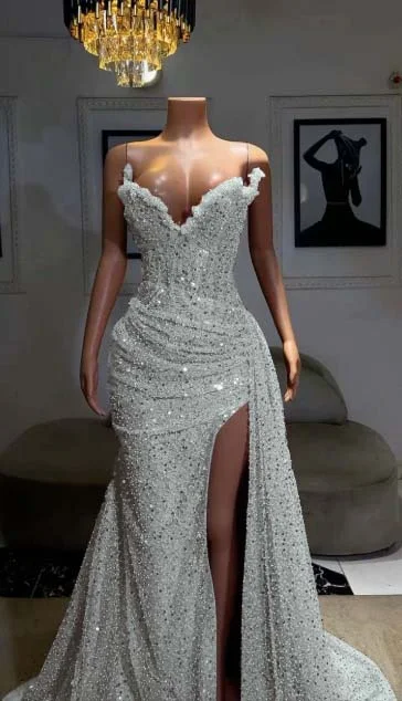 Sleeveless Strapless Long Mermaid Prom Dress With Split Sequin HS0003