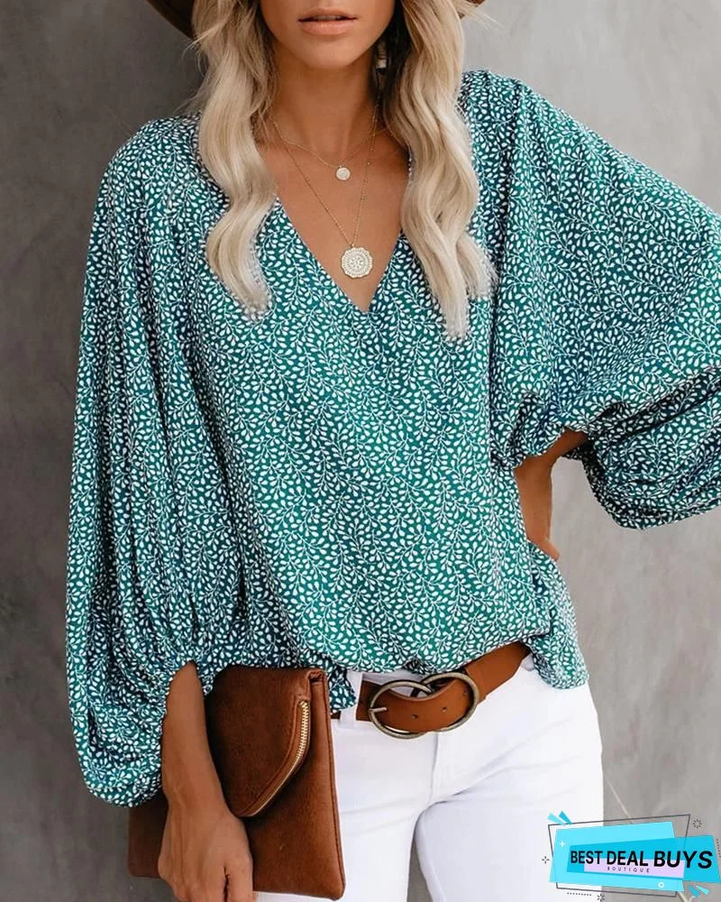 Floral Print V-Neck Casual Long-Sleeved Blouse