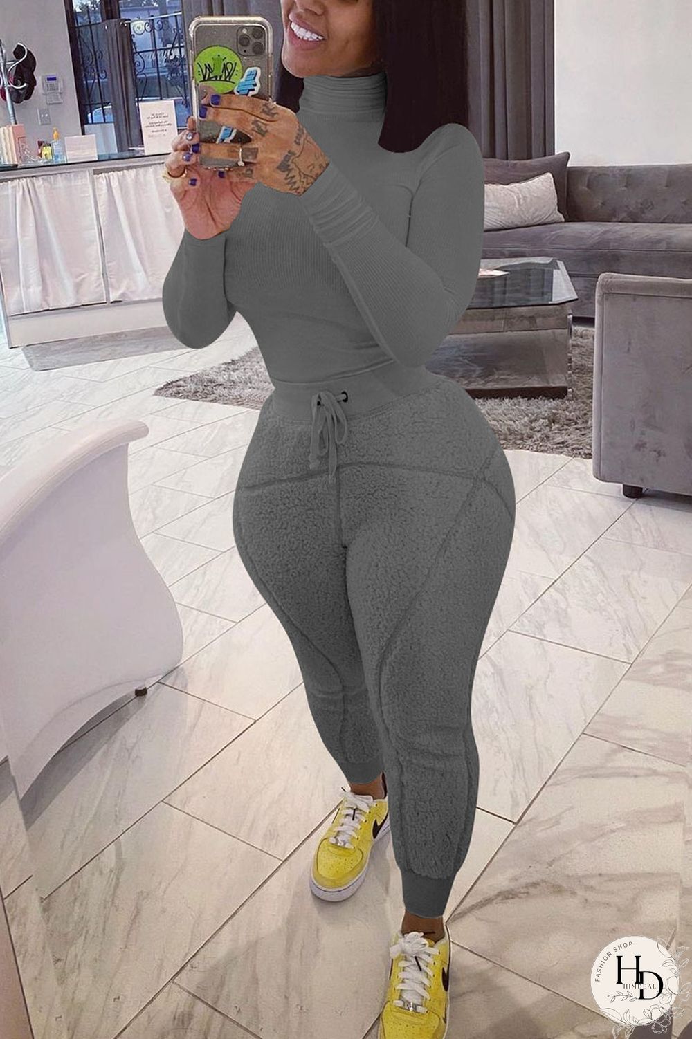 White Street Solid Turtleneck Long Sleeve Two Pieces