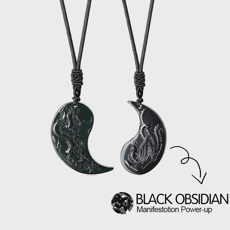 Black Obsidian Dragon and Phoenix Amulet Protection Couple Necklace