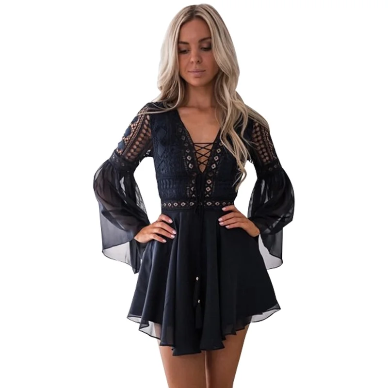 Hollow Out Chiffon Dress  Women Mini Criss Cross Bandage Lace Semi-sheer Plunge V-Neck Long Sleeve Dress Black/White: