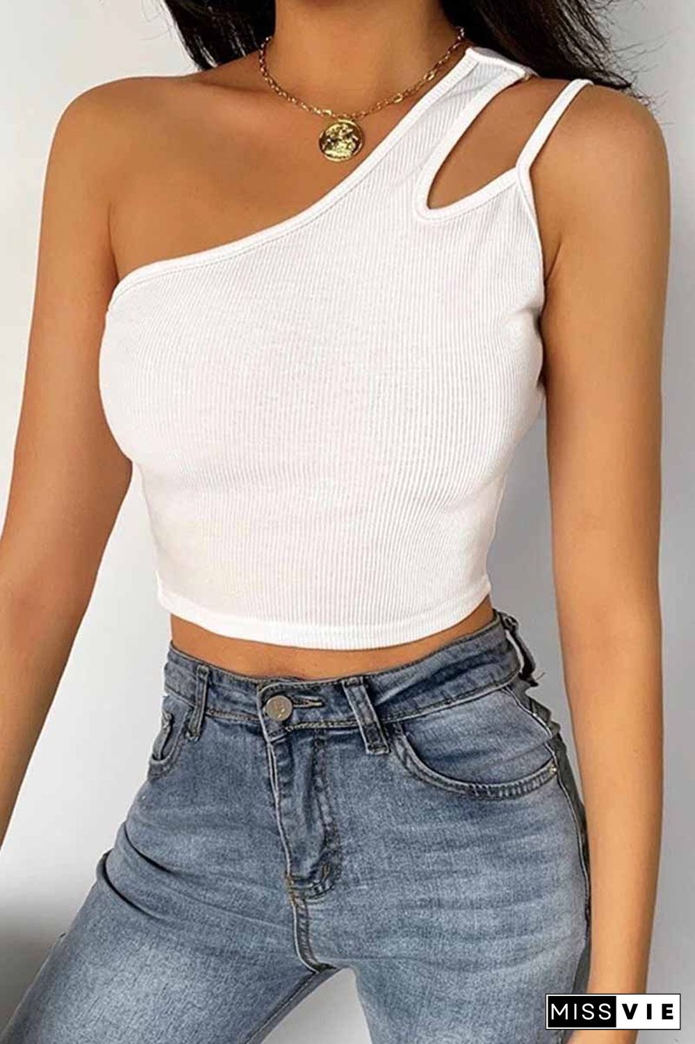 Pure Color Sexy Single Shoulder Strap Hollow Tops
