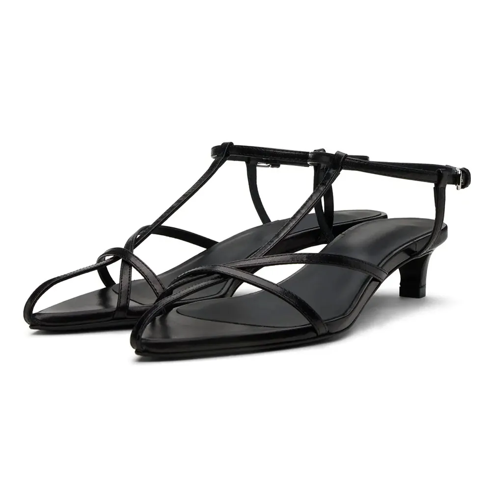 Women's Vegan Leather Open Toe T-Strap Black Heels Sandals