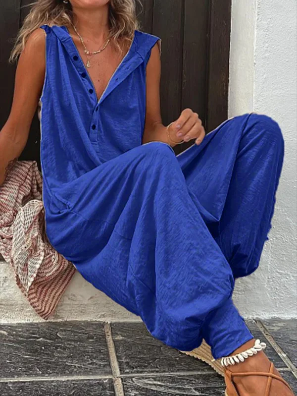 Buttoned Sleeveless Loose V-neck Jumpsuits
