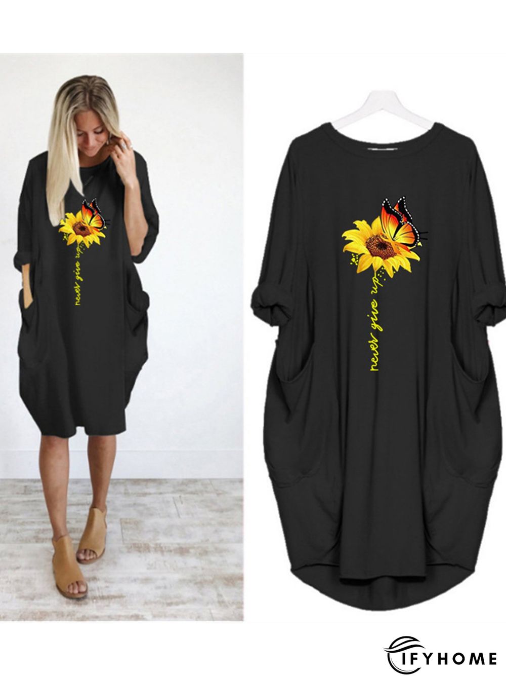 Casual Plus Size Round Neck 3/4 Sleeve Midi Knitting Dress | IFYHOME