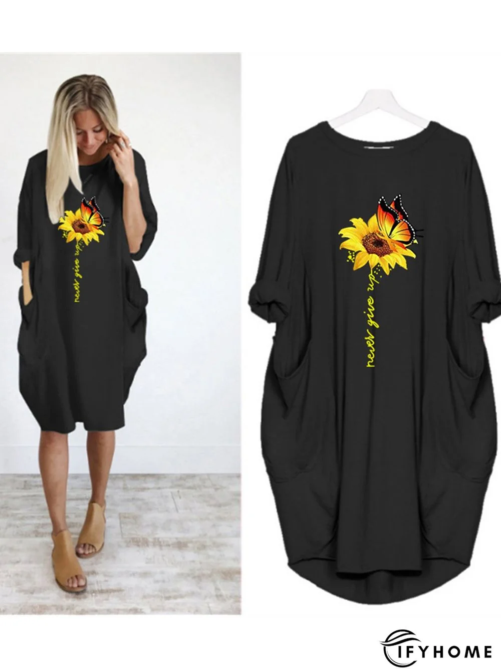 Casual Plus Size Round Neck 3/4 Sleeve Midi Knitting Dress | IFYHOME