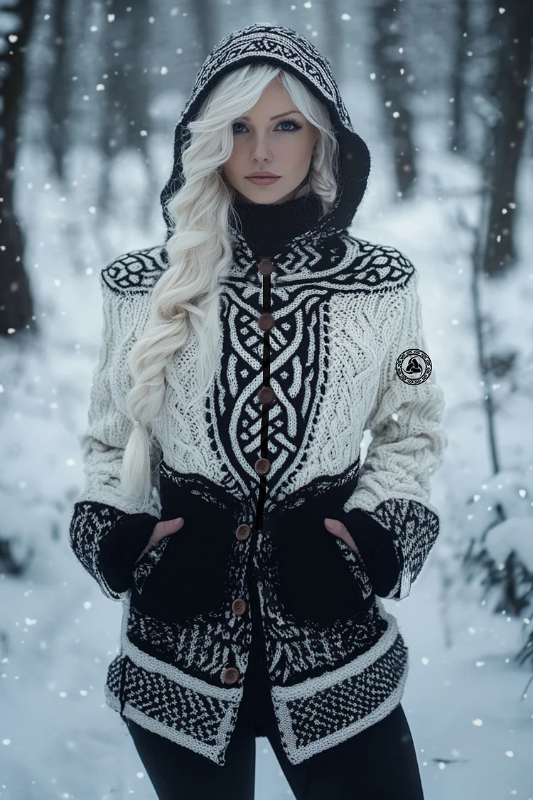VChics Vintage Odin Delta Rune Celtic Knot Knit Jacquard Button Hooded Sweater