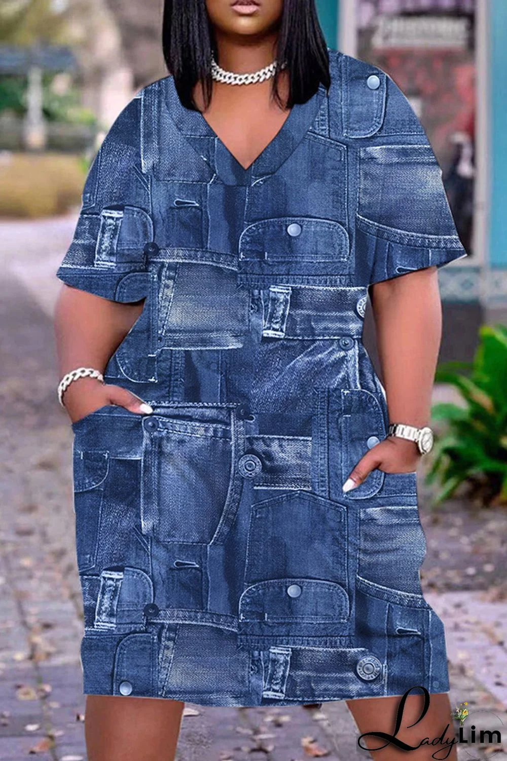 Tibetan Blue Casual Print Patchwork V Neck Short Sleeve Dress