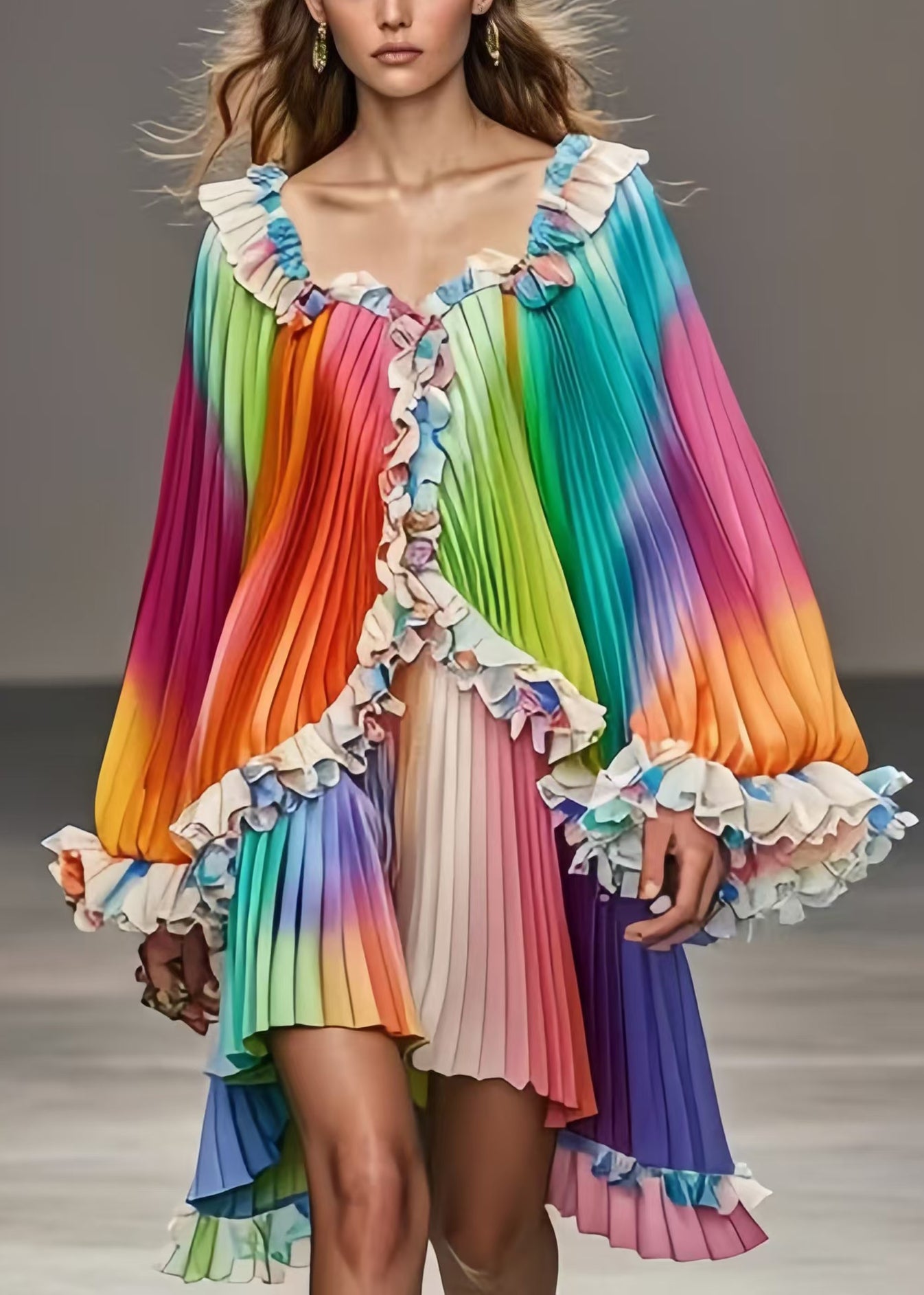 VCSHOES Rainbow Ruffled Tie Dye Chiffon Day Pleated Dress Fall