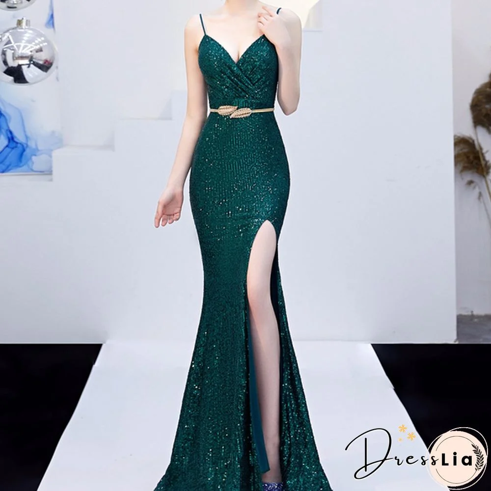 New Women Sexy Sequin Spaghetti Straps Dress Deep V Neck Sleeveless High Slit Dress Prom Formal Cocktail Pageant Party Dress Long Evening Dress