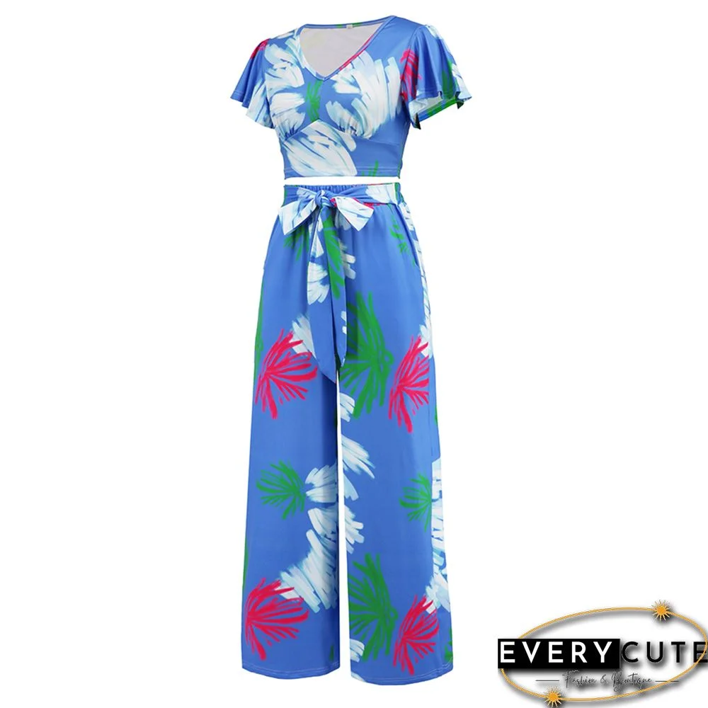 Blue Printed V Neck Crop and Wide Leg Pant Set