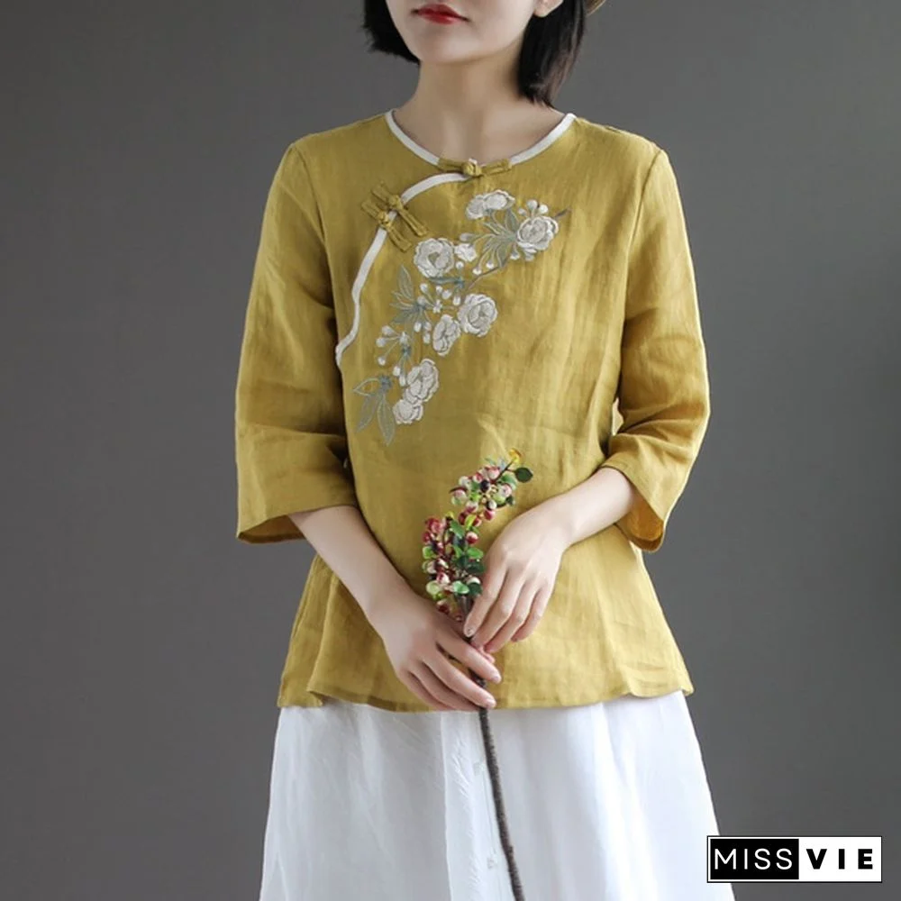 Women Spring Summer Retro Buckle Shirt Top Chinese National Style Embroidery Three Quarter Sleeve Floral Cheongsam Shirts