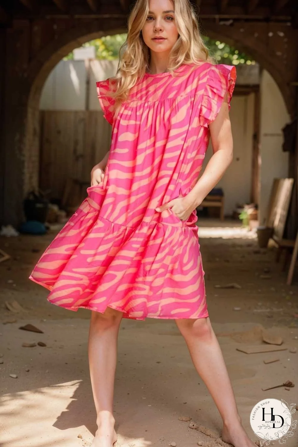 sloping shoulder ruffle print dress