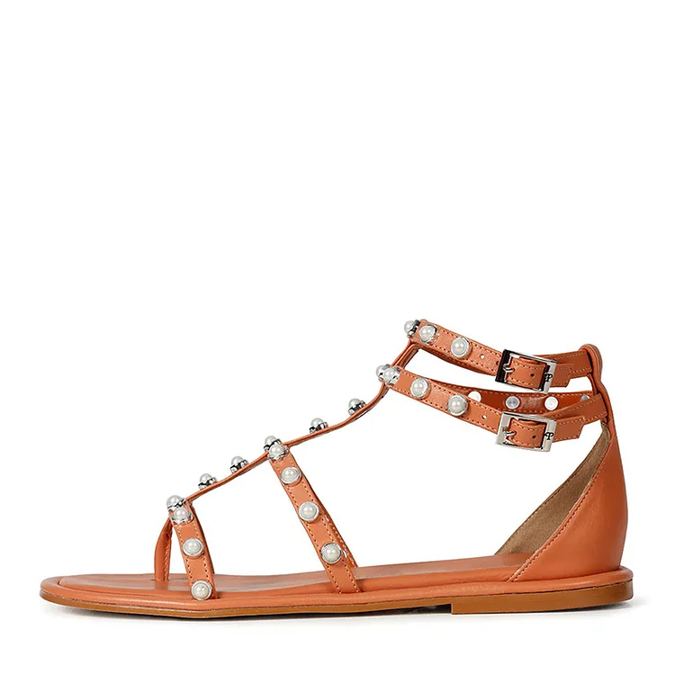 Orange Square Toe Flats Women's Casual Studs Sandal Summer Flat Shoes |FSJ Shoes