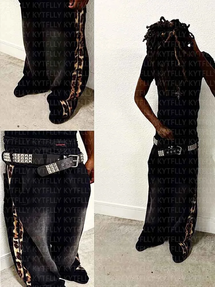 Athvotar Athvotar Summer New Black Leopard-Print Double Waist Trousers Wide Leg Pants Gothic Men And Women The Same