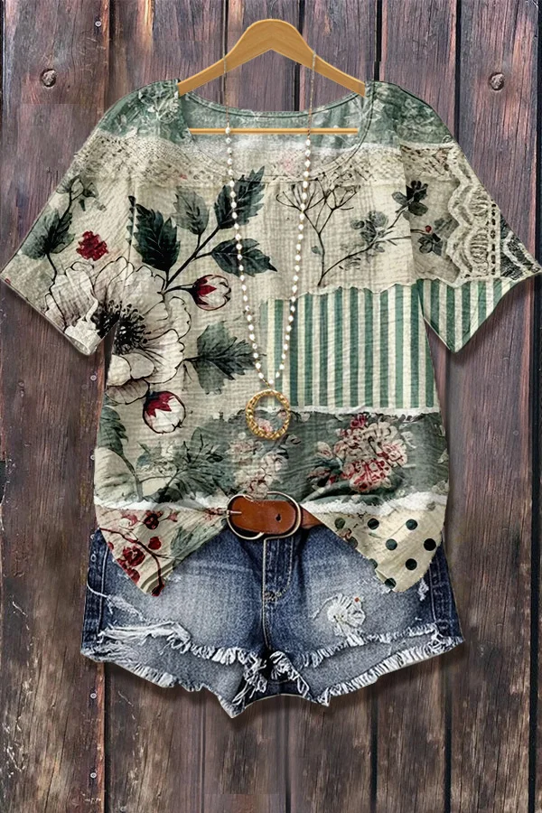 Mixed Floral Print Short Sleeve Top