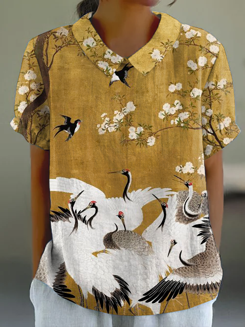 Japanese Crane Floral Art Print Short-sleeved Top