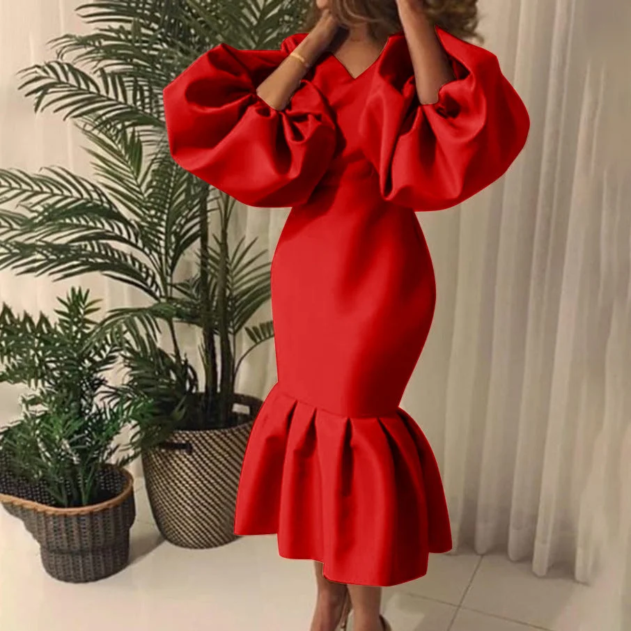 Uveng Commute Plus Size Women's Fashion Solid Color V-neck Bubble Long Sleeve Fishtail Dress