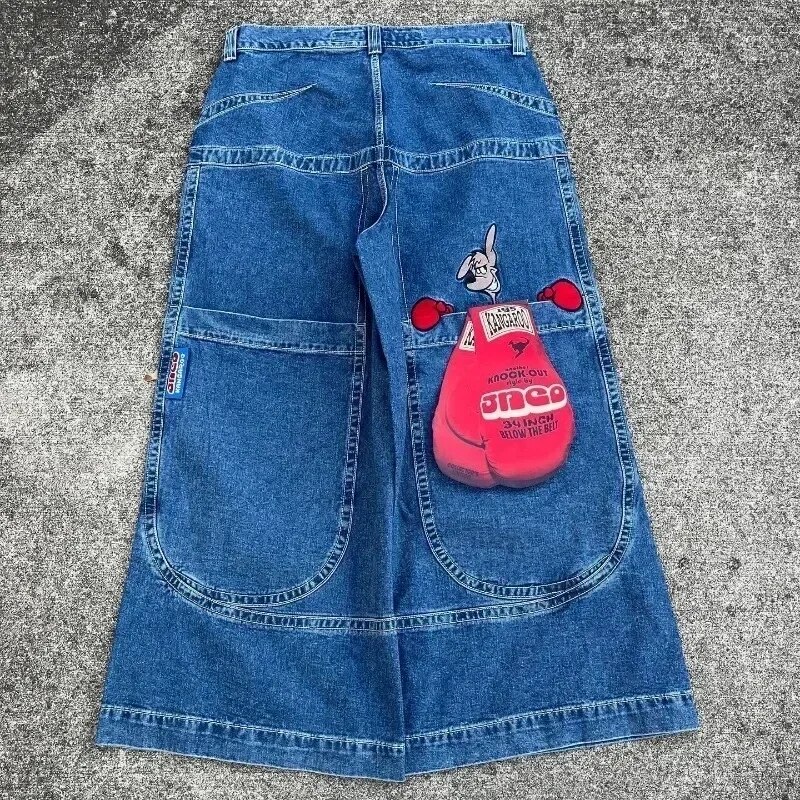 Spontork Retro Skull Graphic Embroidered JNCO Jeans New Harajuku Hip Hop Baggy Jeans Denim  Pants Men Women Goth High Waist Wide Trousers Pants