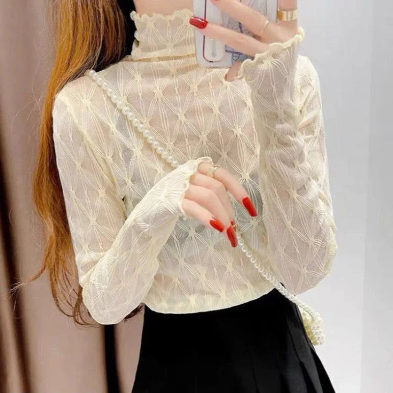 Uveng Uveng Temperament High-Neck Net Yarn Bottoming Shirt Women Autumn And Winter Wooden Ears Thin Permeable Yarn Long-Sleeved Lace Tops